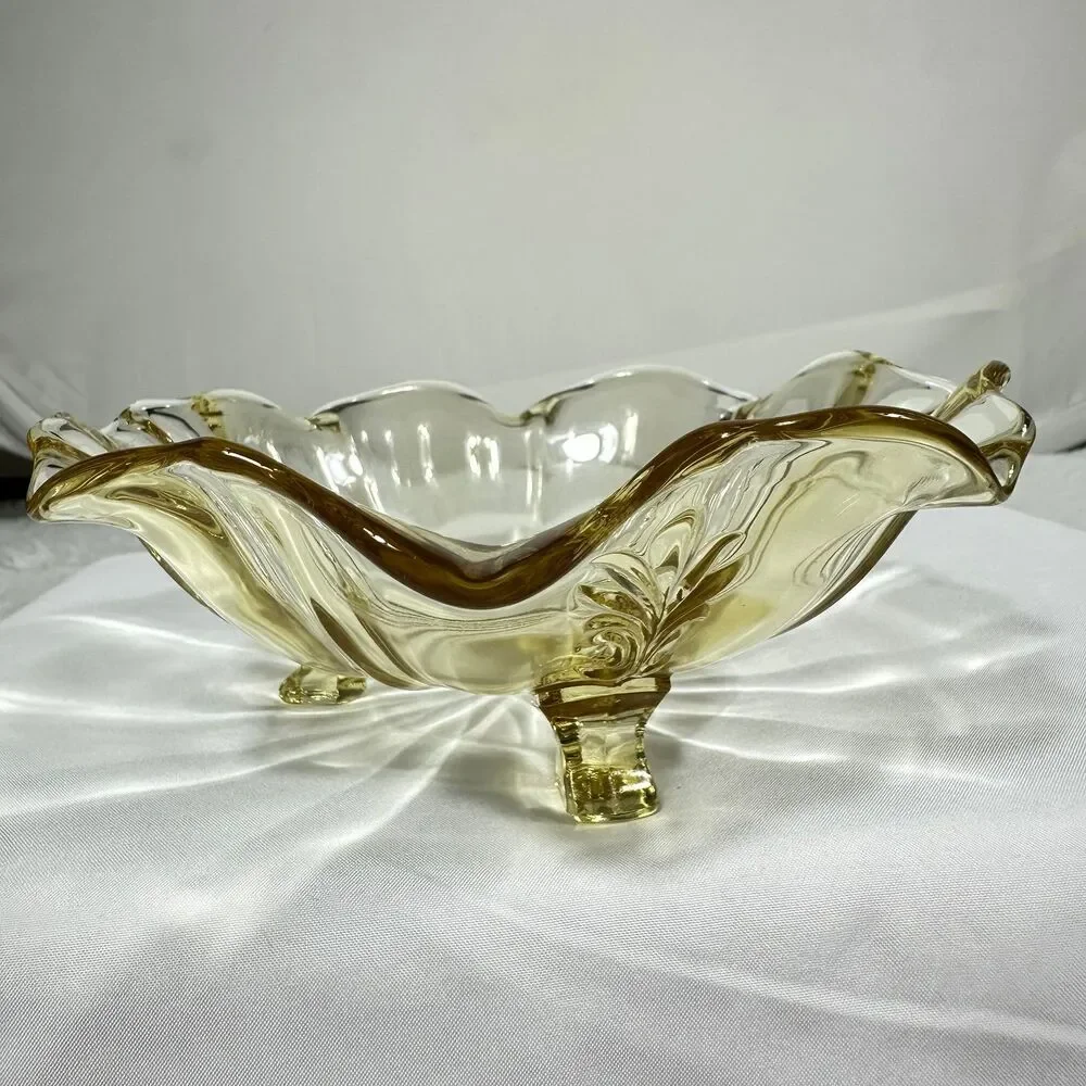 Vintage Fostoria Glass Topaz Yellow BAROQUE Footed Bowl 7